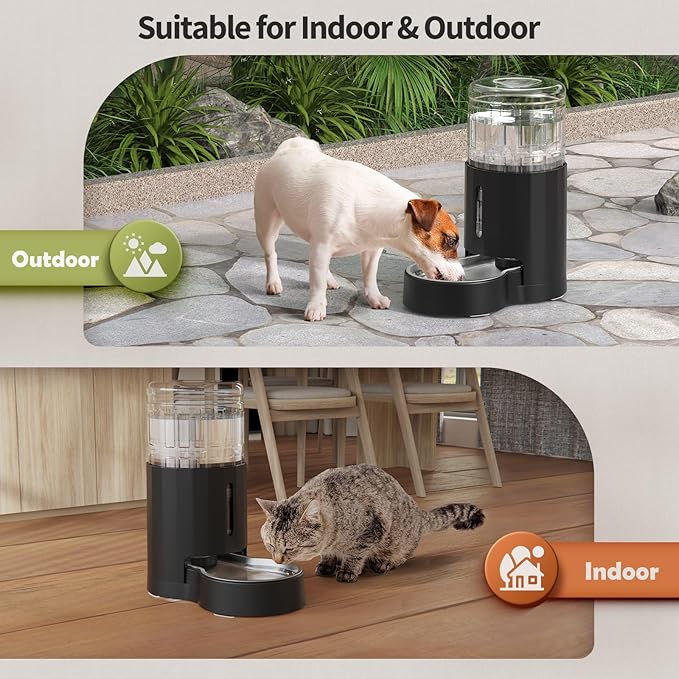 JUNSPOW Cat Water Dispenser with Stainless Steel Bowl, Automatic Gravity Water Dispenser for Cats or Small Medium Size Dogs, Large Capacity, Easy to Clean and Safe for Pets (4L Black)