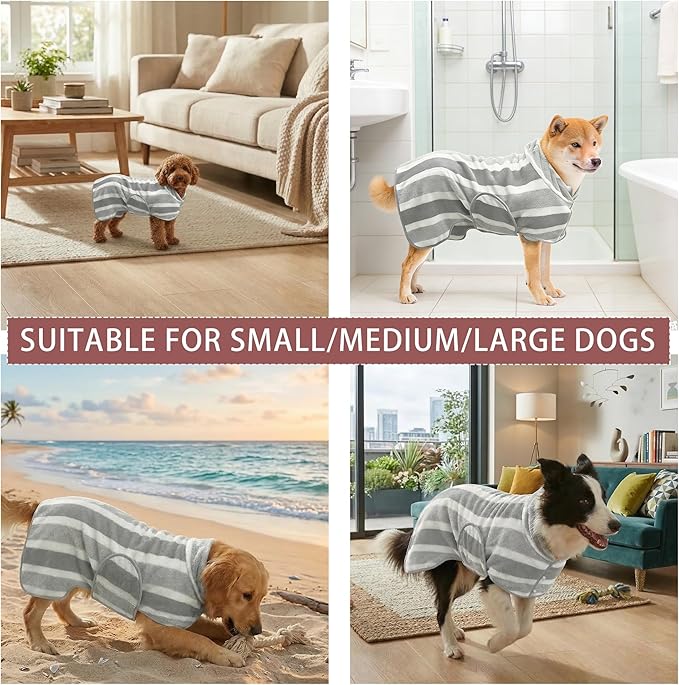 Fast Drying Dog Bath Robe, Super Absorbent Stripes Dogs Towel, Adjustable Warm Keeping Pet Puppy Bath Supplies (Grey, M)