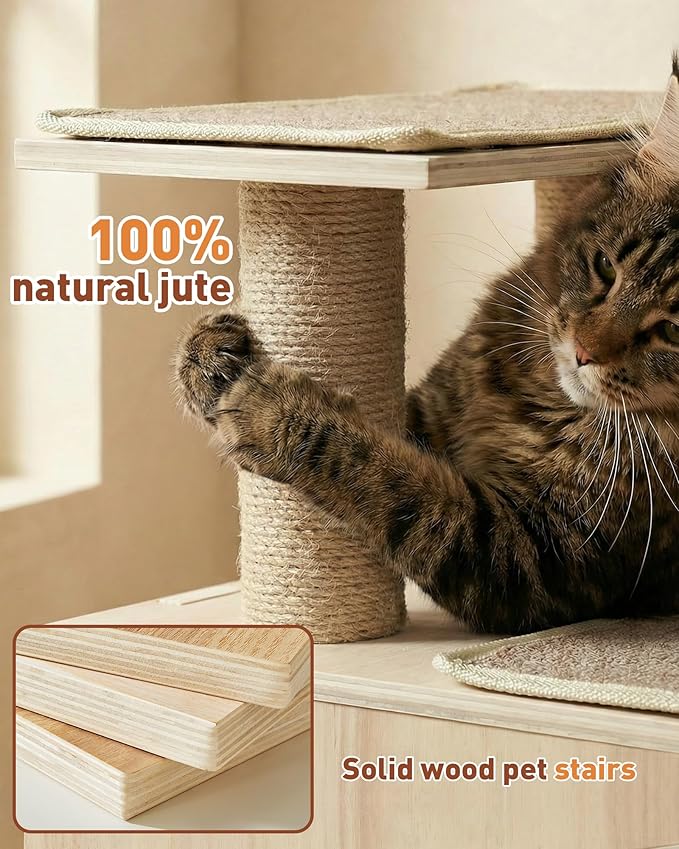 3-in-1 Pet Stairs for Cats, 7.87" Depth Pet Steps for Cat, Wood Cat Stairs for High Bed and Sofa, 1 Condo Cave, Scratching Post, Sturdy Indoor Pet Stairs with Non-Slip Carpet Pads
