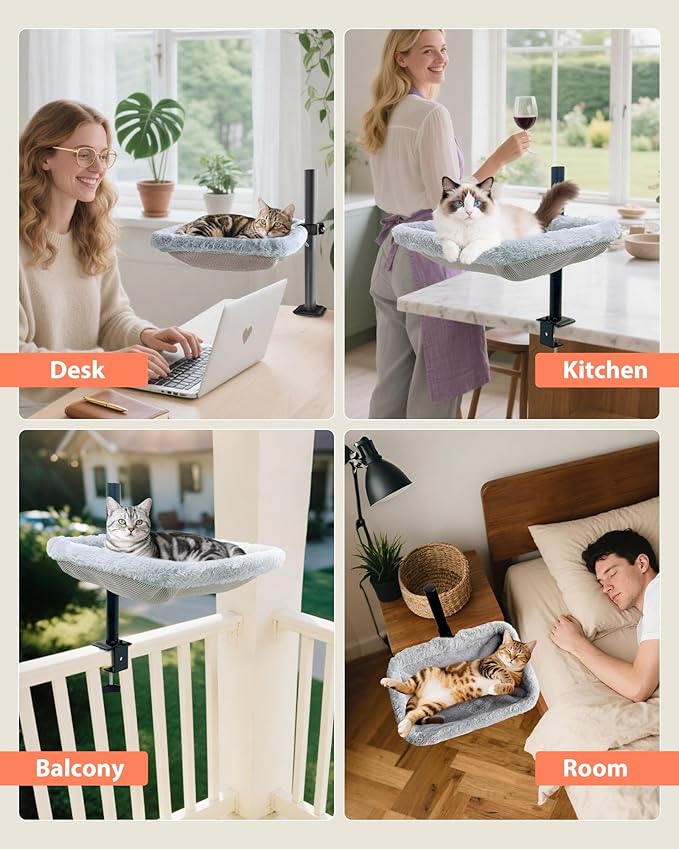 L&W BROS. Cat Desk Bed – Supports Up to 45lb, Clamp-On Hammock with 360° Rotating Arm, Adjustable Height Perch, Heavy Duty Metal Frame, Dual-Sided Washable Cover