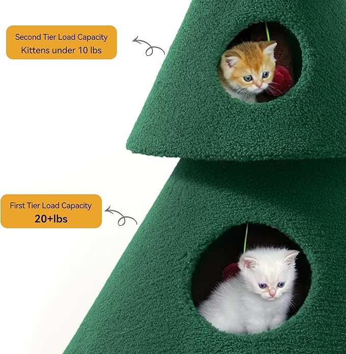 DWVO Christmas Cat Houses for Indoor Cats, Christmas Cat Tree Tower with 2 Cozy Houses, Kitty Furniture with Teaser Plaything for Christmas Decoration