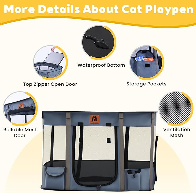 Portable Cat Playpen 2-in-1, Enclosed Kitten Playpen with Litter Box Cage Area, Pet Playpen with Collapsible Tent Rod Reinforced for Cats Puppy Rabbit Hamster Indoor Outdoor Use (Grey)