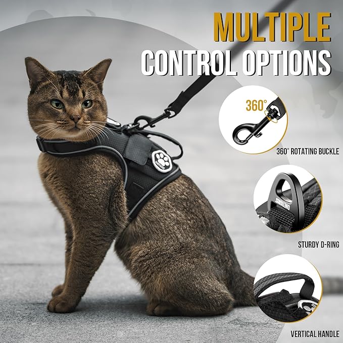 OneTigris Tactical Cat Harness and Leash - Escape Proof Soft Adjustable Cat Harness, Breathable, Comfortable, Durable Water-Resistant Vest with Reflective Strips and Pocket for Cat Tracker