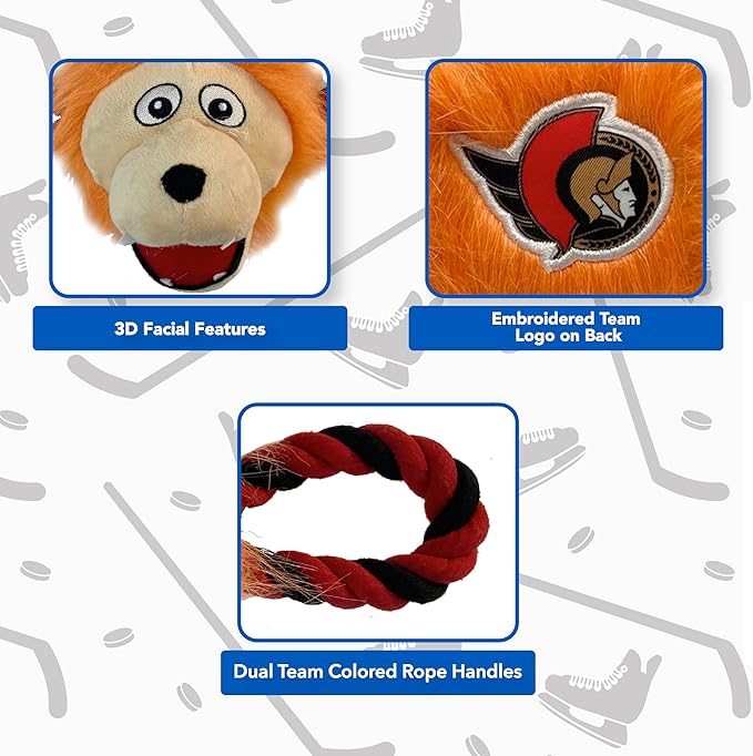 NHL Ottawa Senators Mascot Toy for Dogs & Cats. Cute & Entertaining Face with Heavy-Duty Ropes. 7" Chewy Cartoon Toy with Inner Squeaker