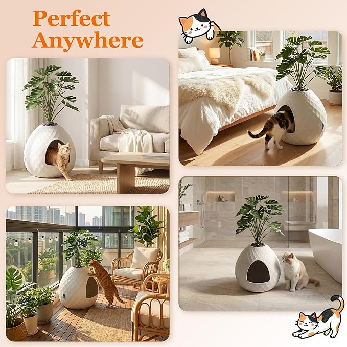 Hidden Cat Litter Box, Hidden Litter Box with Faux Plant & Pebbles, Easy to Assemble and Clean, Suitable for Living Room, Bedroom, Corner, Easy Clean, Indoor