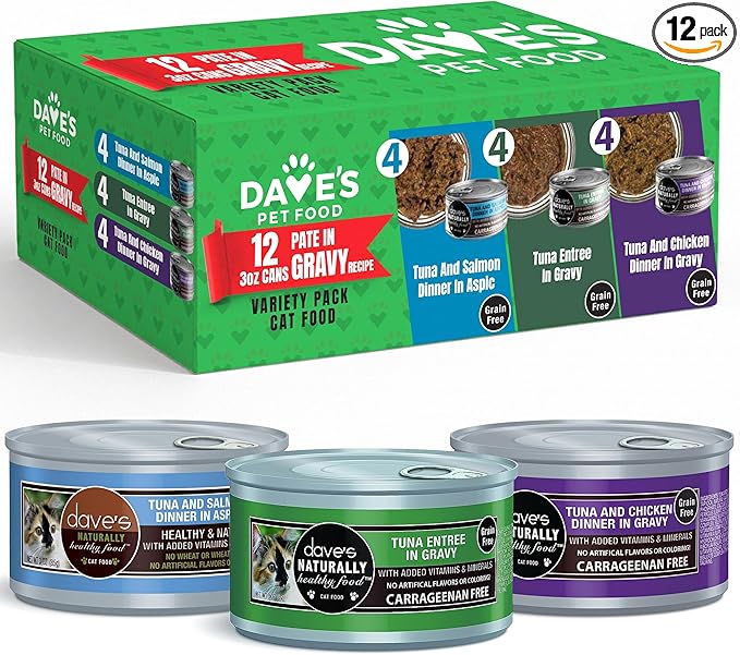 Dave's Pet Food Naturally Healthy Tuna Pate in Gravy Variety Pack Grain-Free Wet Cat Food, 3-oz can, Case of 12
