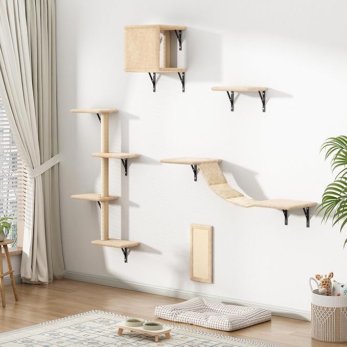Wall Mounted Cat Furniture Set of 5 With Tree, Perch, Scratcher, Bridge and Condo, Gray (Beige)