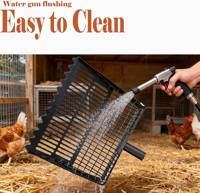 Chicken Poop Scooper & Rake 2-in-1, Adjustable 35"-65" Stainless Steel Handle, Heavy Duty Metal Black Shovel Head for Chicken Coop Cleaning, Pet Waste, Cat Litter Sifting