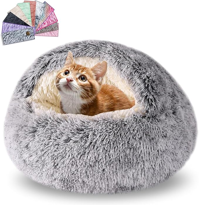 FORMYCATIE Cat Beds for Indoor Cats,Cat Cave for Puppy and Kitty,Calming Small Dog Bed for Small Dogs with Cover Cave,Cozy Warming Fluffy Washable Anti-Slip Pet Sleeping Bag(24 * 24inch,Grey)
