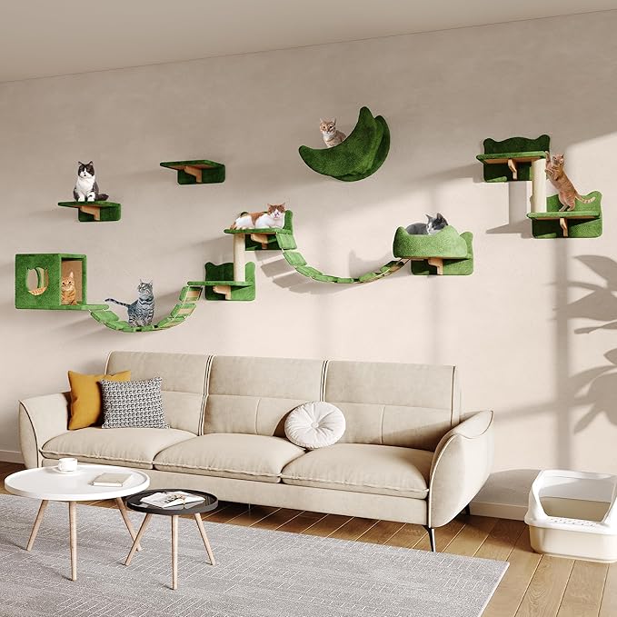 Cat Wall Shelves, Wall Mounted Cat Shelf Furniture with Plush Fabric(13 Piece Set), Cats Furniture with Moon Hammock, Condos, House, Steps, Bridge Ladder, Scratching Post, Green