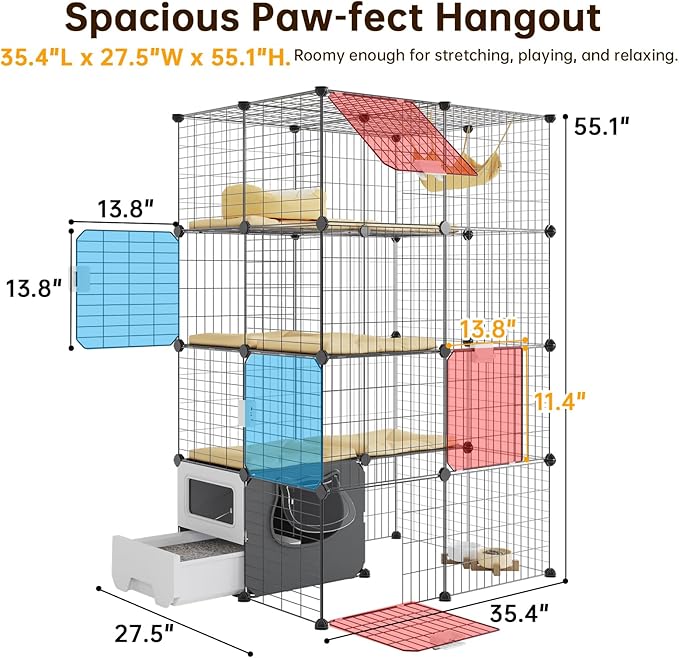 Oneluck Cat Cage with Litter Box, 4-Tier DIY Enclosures Detachable Metal Wire Kennel Catio Indoor Crate Large Exercise Place Ideal for 1-2 Cats