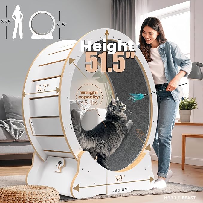 White 48'' XL Cat Wheel - Cat Wheels for Indoor Cats Which Doesn't Negatively Affect Your Cat's Spine - 15.7'' Extra Wide White Exercise Wheel - Fits 2 Cats Side-by-Side, 1-Year Warranty