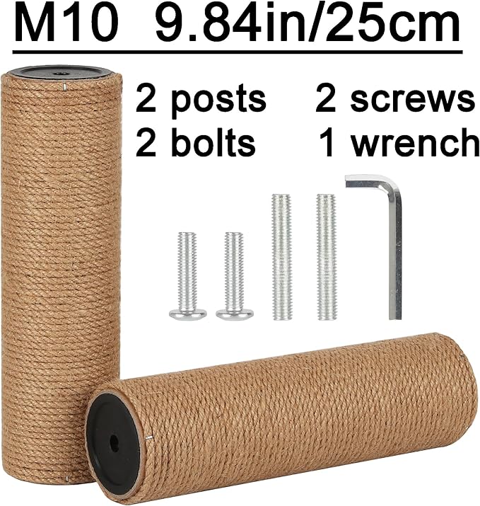 7.4cm 2.91in Diameter Cat Tree Scratching Post Replacement Jute Pole Parts for Cat Tower (9.84in/25cm, M10*2poles)