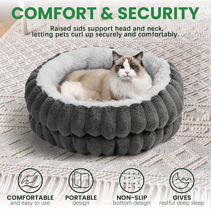 Cat & Dog Bed Kitten Bed,20in Washable Round Cat Beds for Indoor Cats, Super Soft Plush Faux Fur Pet Bed for Puppy and Kitten with Anti-Slip Bottom(Dark Grey)