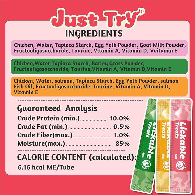 Just Try Lickable Cat Treats Variety Pack - with Taurine & Vitamin E, Cat Grass, Omega 3 Salmon Oils for Cats, Creamy Purée Grain Free - 48 Tubes