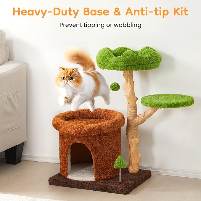 32-Inch Multi-Level Cat Tree Tower, Natural Wood Cat Furniture with Sisal Scratching Posts, Beds & Condo, Cute Cat Tree for Indoor Cats and Multi-Cat Households