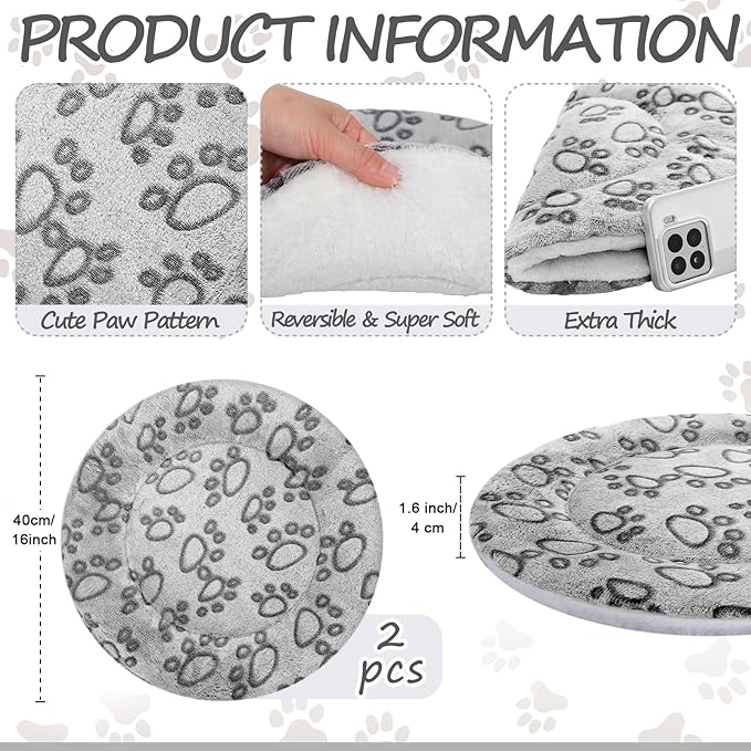 VitalCozy 2 Pack Self Heating Cat Pad Self Heating Cat Bed Machine Washable Heat Pet Mat Reversible Body Thermal Warm Round Dog Bed Crate Blanket for Feral and Indoor Cats(16'',Grey Dog Paw)