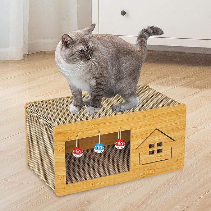 Cat Nest Cat Bed with Scratching Board Activity Toys Non Slip Decoration Multifunctional Crafts Furniture Protection Cat Cardboard Bed, House Pattern, L