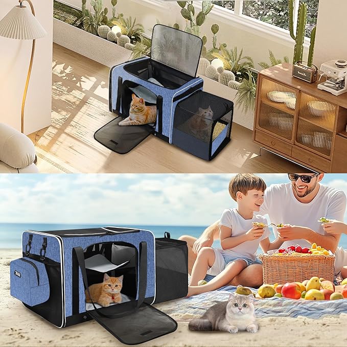 Petskd Side Expandable Extra Large Cat Carrier with Litter Box Area, 24"x17"x17" Soft-Sided Pet Carrier for 2 Cats Under 55 lbs with Zipper Locks for Car Travel(Blue)