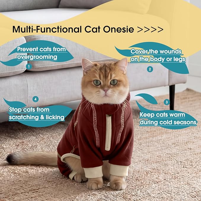 ROZKITCH Sphynx Cat Clothes for Cats Only, Prevents Licking Wounds After Surgery, Lightweight Cat Hair Sticky Shirt Prevent Hair Loss Shedding, Soft Pajamas Brown XS