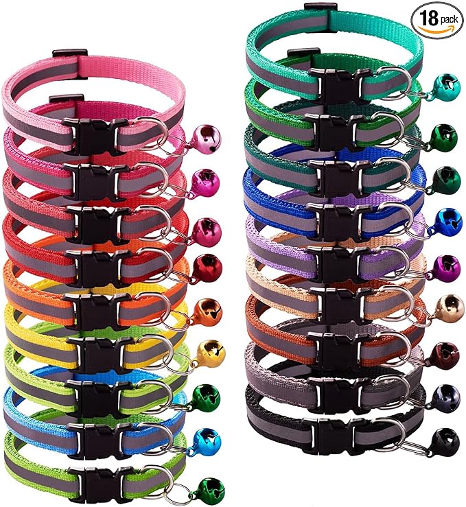 18Pcs Reflective Puppy Collars, Cat ID Collars with Bell Adjustable 19-32cm, Soft Nylon Adjustable Quick Release Identification Collars for Puppy Cat(Unbreakaway)