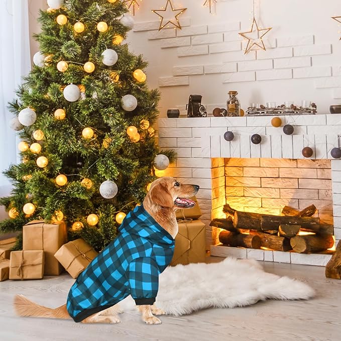 Plaid Dog Sweaters Hoodies Sweatshirts for Dogs Cats, Warm and Soft Cold Weater Coats for Christmas (Blue, Medium/Large)