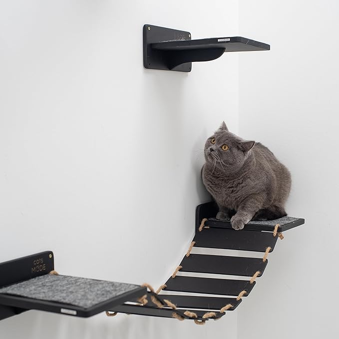 Wood Cat Bridge Cat Steps Cat Bed Wall Cat Toy Rustic Cat Tree Wall Decor Cat Lover Gift New Home Gift Cat Furniture Wall (Black, Bridge & 3 steps)