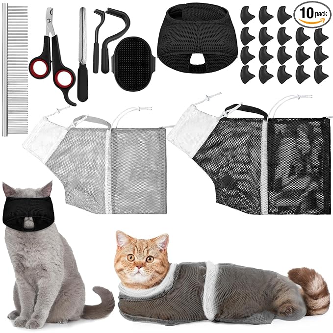 10 Pcs Cat Bathing Bag Set Pet Mesh Shower Bag Anti Bite and Scratch Pet Grooming for Washing Brush, Cat Muzzle, Nail Clipper, Nail File, Tick Tool(Gray and Black)