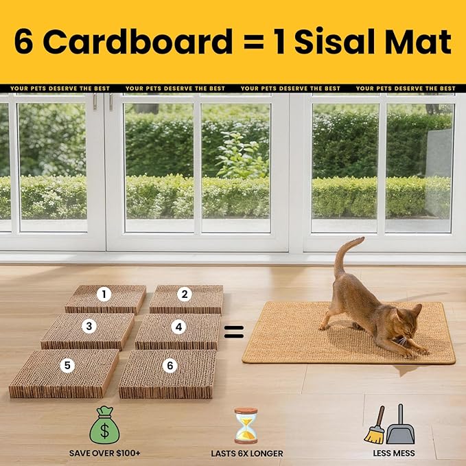 Cat Scratcher Mat,Sisal Cat Scratch Pad with Hook&Loop Tape,Wall Floor Kitten Scratching Pads Rug for Indoor,Furniture Protector for Couch&Carpets&Sofas,Kitty Bithday Gifts,Large,Brown,2 Pack