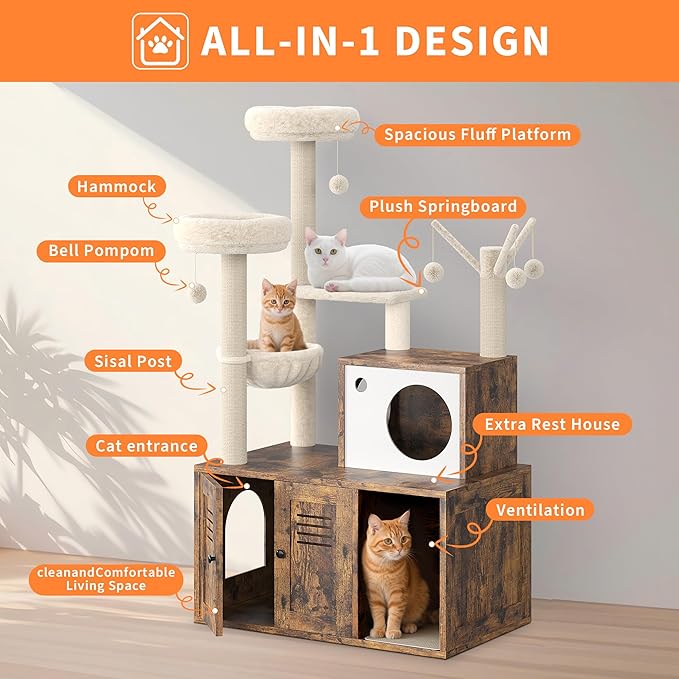TrailBlaze Cat Tree with Litter Box Enclosure, Wooden Cat Condo with Platform, Hammock, Pompoms, Scratching Posts, All-in-One Cat Furniture for Indoor Kitten, 31.5" l x18.9 w x55.1 h(Brown)