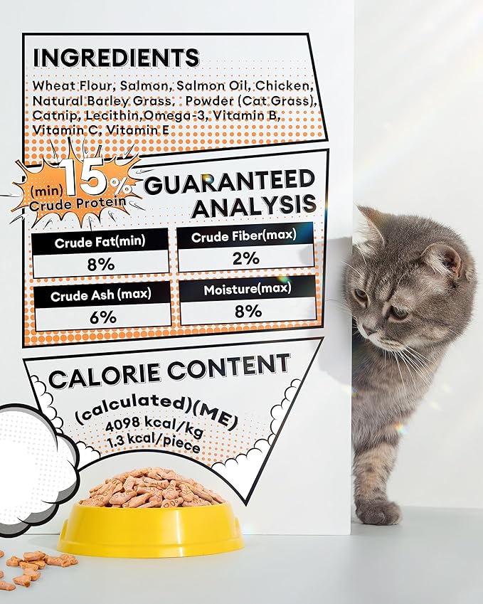 Cat Grass Treats, 3.53oz Natural Chicken & Catnip Biscuits + 3.53oz Natural Salmon & Catnip Biscuits, Cat Grass Treats for Hairball Control, Low-Calorie Healthy Snacks for Indoor Cats