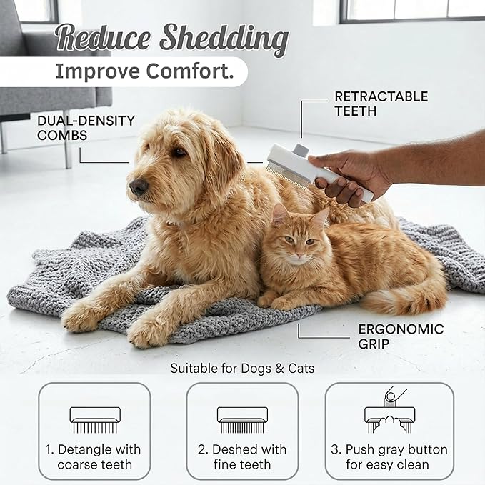 4-in-1 Pet Hair Remover Set - Cat & Dog Deshedding & Dematting Tool - Reusable Lint Roller for Couch, Carpet, Clothes, Bed & Car - Undercoat Grooming Comb, Shedding Brush & Dog Hair Rake