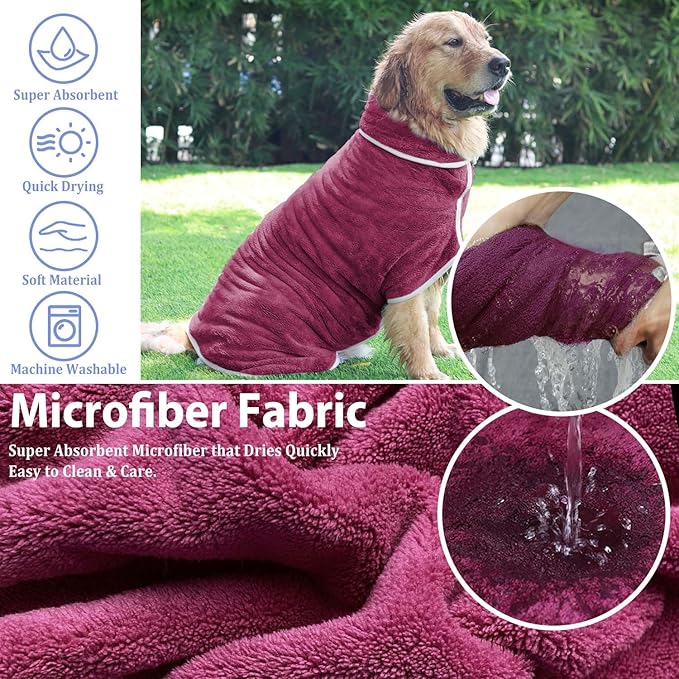 Dog Bathrobe Towel Drying Coat - Super Absorbent Dog Towels Bath Robe for Drying Dogs Large, Soft Adjustable Collar & Belly Strap Fast Drying Coat Pet Dog Cat Bath Robe Towel (Grey, X-Large)