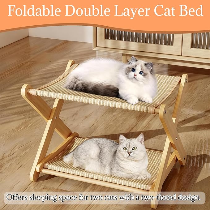 Cat Bed, Foldable Double Layer Cat Hammock X-Shape Solid Wood Cat Perch with Sisal Scratching Pad, 52x35x30cm No Assembly Cat Condo for Indoor