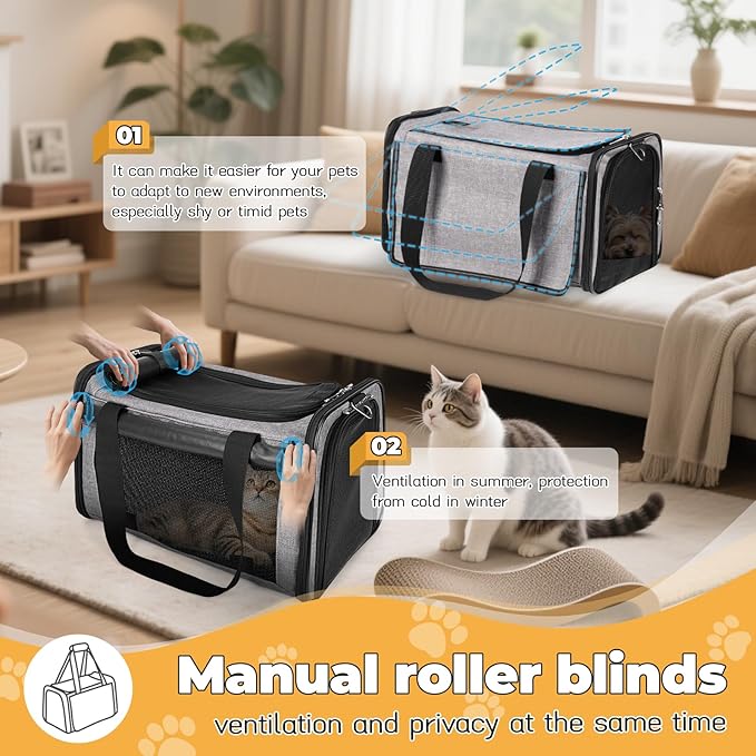 YUDODO 2 Packs 25 lbs Lightproof Soft Sided Cat Carrier for Large Cat & Small Dog Airline Approved Travel Bag Pet Puppy Carriers with Side Pockets & Reflective Mesh, Foldable Portable for Car 2 Grey