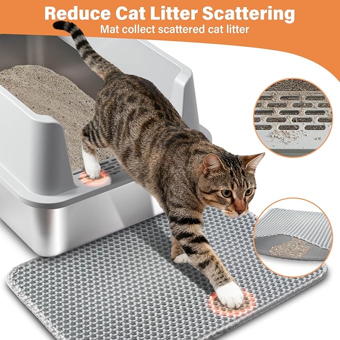 2PCS Stainless Steel Cat Litter Box with Lid Large to XL,Metal Litter Box High Sides for Big/Multiple Cats,Open Design,Indoor,1-Mat and 1-Scoop,Easy to Clean, No Odor,Anti-Urine Leakage