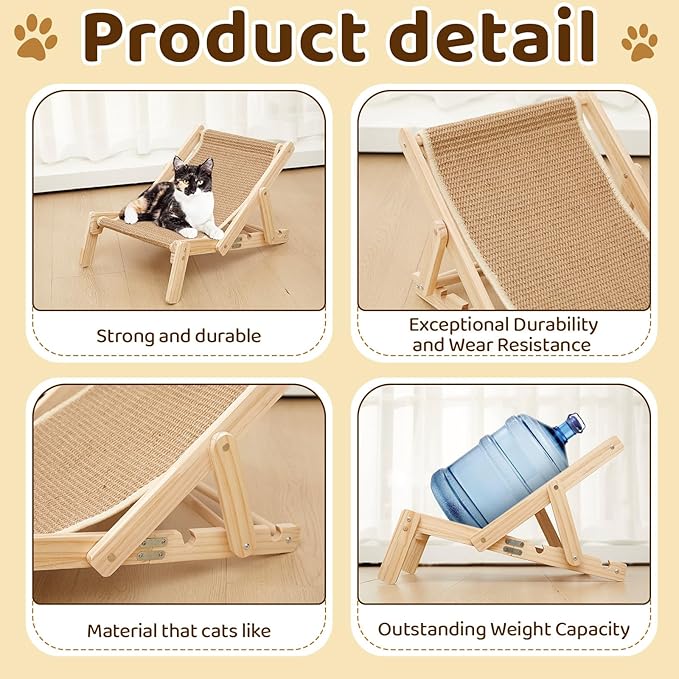 Juexica Sisal Cat Scratcher Bed for Indoor Cats, Small Natural Wood Cat Lounge Hammock, Modern Foldable Scratching Chair, Space-Saving Furniture for Kittens & Small Cats