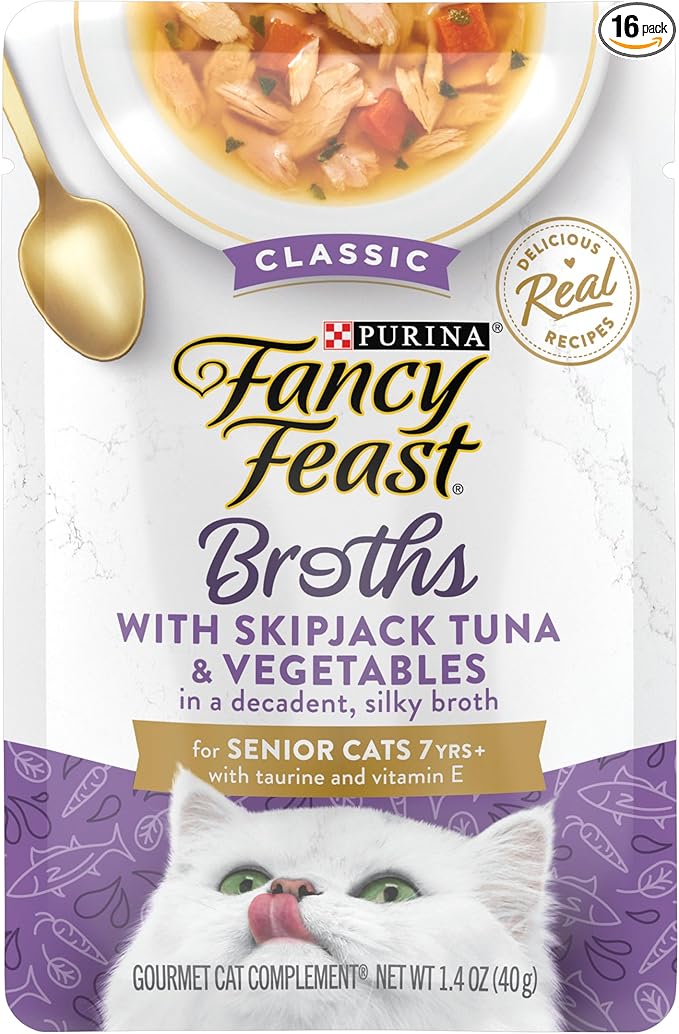 Purina Fancy Feast Lickable Senior Wet Cat Food Broth Topper Classic with Skipjack Tuna and Vegetables - (Pack of 16) 1.4 Oz. Pouches