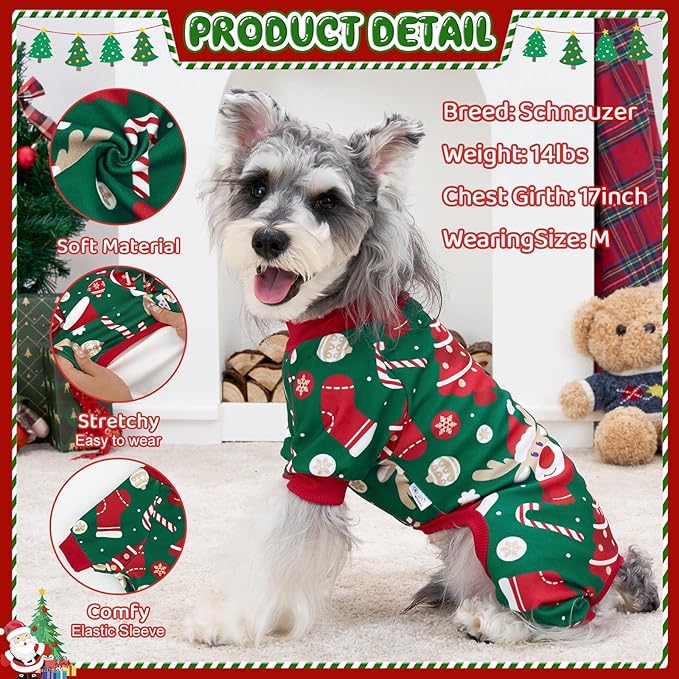 XPUDAC Christmas Dog Pajamas Dog Clothes for Small Medium Dogs Boy Girl Cute Holiday Puppy Outfit Pjs Bodysuit for Doggie Onesies Cat Apparel, Red, Green, XS