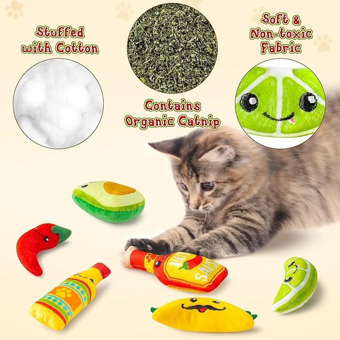 L1rabe Mexican Catnip Stuffed Toys - 6Pcs Pet Days Mexican Carnival Funny Cat Toys for Cat Lovers Gifts, Cute Taco Hot Sause Avocado Lime Indoor Kitten Chew Bite Kick Interactive Pet Supplies