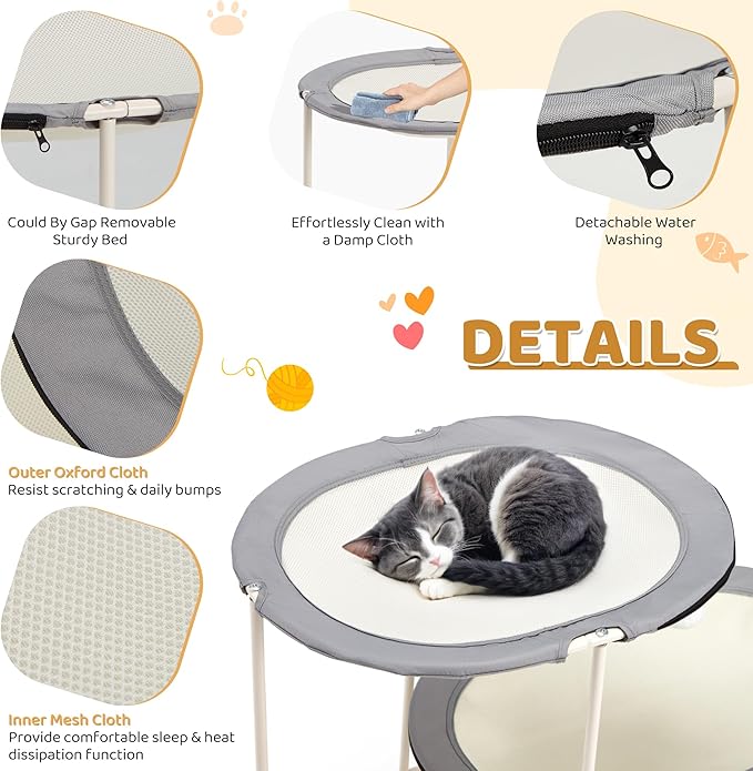 Erinnyees 2-Tier Elevated Cat Hammock Bed, Breathable Oxford for Multi-Cat Households, with Removable Washable Mesh, Sturdy Triangular Base & Steel Frame, Mesh Pet Furniture for Indoor & Outdoor Use