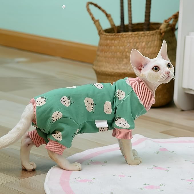 Sphynx Cat Sweater –Hairless Cats Shirt Pullover Kitten T-Shirts with Belly-Wrap Protection, Soft-Stretch Winter Clothes for Hairless Cats, Indoor Kitten Apparel (Pink&Green, X-Large)
