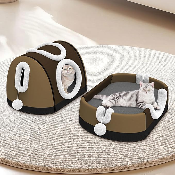 Enclosed House & Open Bed for Indoor Cats,Constant Modifiable Puss Bed with Removable Top Winter Season Double Manner Plan Revertible Pillow,Multi-Functional Pet Furniture with Scratch Pad