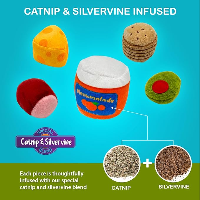 Pounce & Purr® Deluxe Interactive Cat Toy Set – 6 Piece Detachable Plush Catnip & Silvervine Playset with Themed Toys & Kicker Base