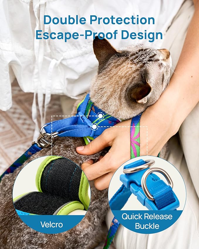 PetThem Upgraded Cat Harness and Leash Set - Step-in Escape Proof Adjustable Cat Harness, Comfortable Soft Lightweight, Reflective Harness for Walking, Travel, Camping (Hawaii Green, M)
