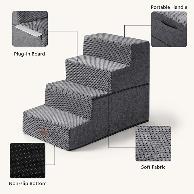 Aodisman Dog Steps for Bed and Couch, 4-Step Pet Stairs for Small Dogs, Indoor Non-Slip Dog Stairs for Old Cats, Puppy, Small Medium Dogs,18.5" H,Grey
