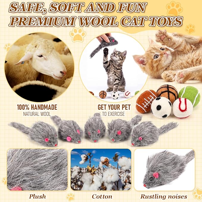 Outus 10 Pcs Cat Toys Bulk Include 5 Furry Mouse & 5 Sport Themed Pom Pom Balls for Cat and Kitty Mice Toys Felt Wool Ball Soft Quiet Interactive Catch Without Catnip for Yard Apartment Indoor Outdoor