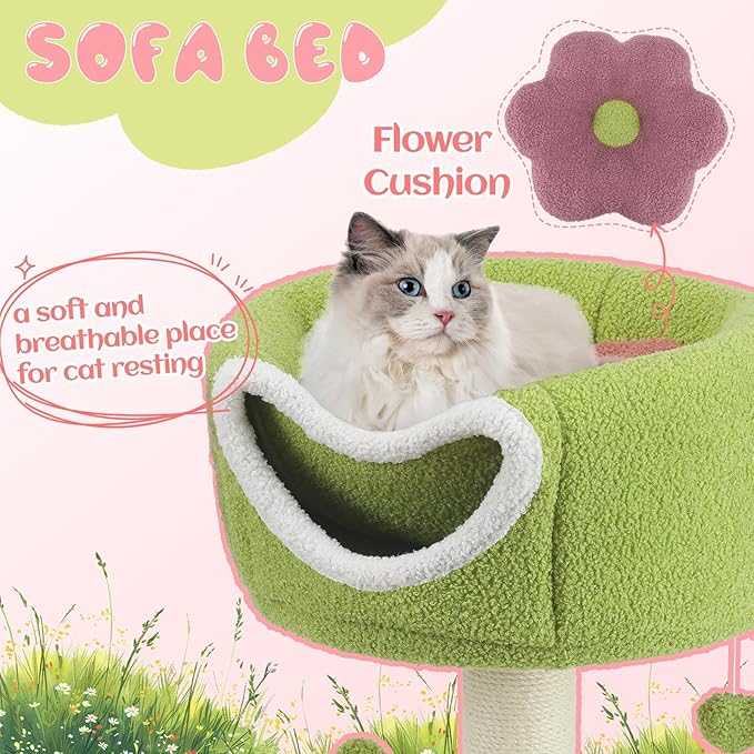 EMUST Flower Cat Tree with Bed, 28.74inch Tall Cat Tower with Scratching Post & Cozy Condo, Cute Sisal Cat Scratcher with Plush Hang Spring Ball Toys, Removable Cat Bed for Indoor Adults Cats, Green