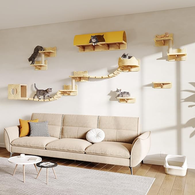 Cat Wall Shelves, Wall Mounted Cat Shelf Furniture with Plush Fabric(16 Piece Set), Cats Furniture with 40''L Tunnel, Condos, House, Steps, Bridge Ladder and Scratching Post, Beige