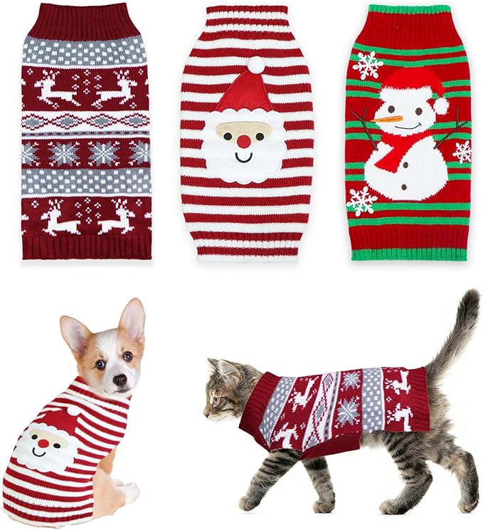 GOYOSWA 3 Pack Cat Christmas Sweater, Knit Pet Cat Dog Sweaters Warm Coat Clothes Santa Reindeer Snowman Christmas Sweater Outfit for Cats Puppy Dogs M